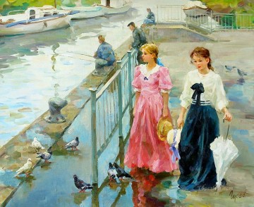 Women Painting - Beautiful Girl pigeons VG 37 Impressionist
